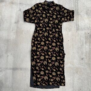 Vintage Black Velvet Cheongsam Dress Peacock Feather Brocade